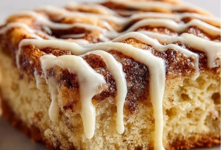 Delicious Cinnamon Roll Bliss Bars topped with creamy icing and cinnamon sugar.