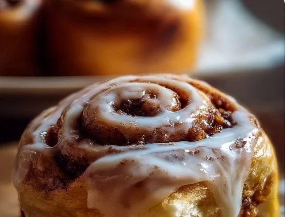 Delicious homemade cinnamon rolls with icing on a rustic wooden table