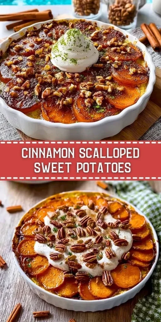 Baked Cinnamon Scalloped Sweet Potatoes topped with cinnamon and brown sugar