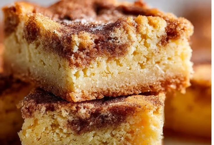 Delicious cinnamon sugar blondies topped with a sprinkle of cinnamon sugar