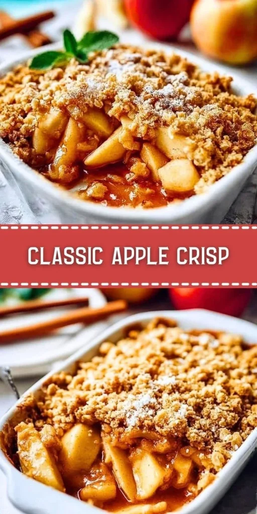 Delicious classic apple crisp dessert topped with crunchy oats and cinnamon.