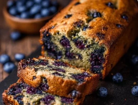 Freshly baked classic blueberry zucchini bread with blueberries and zucchini slices.