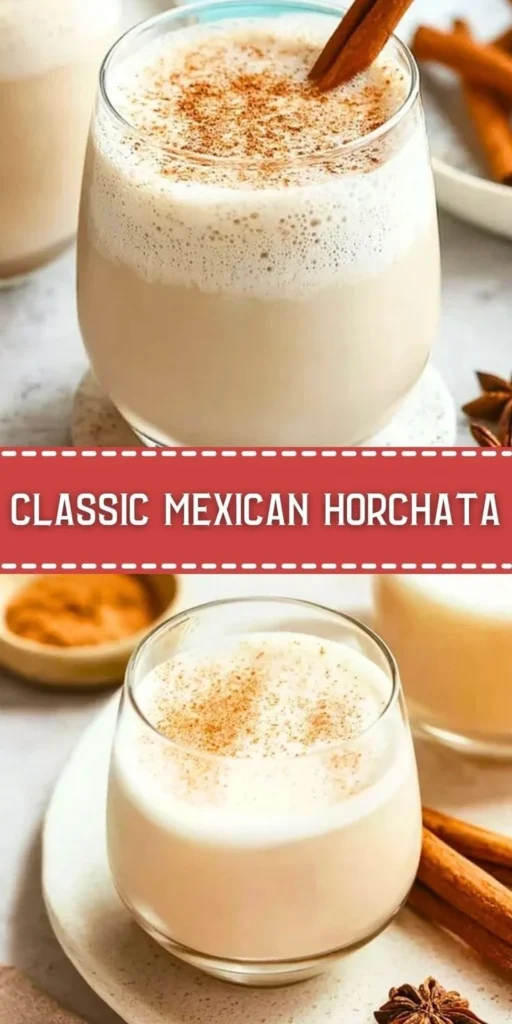 A glass of classic Mexican horchata with cinnamon and rice grains.