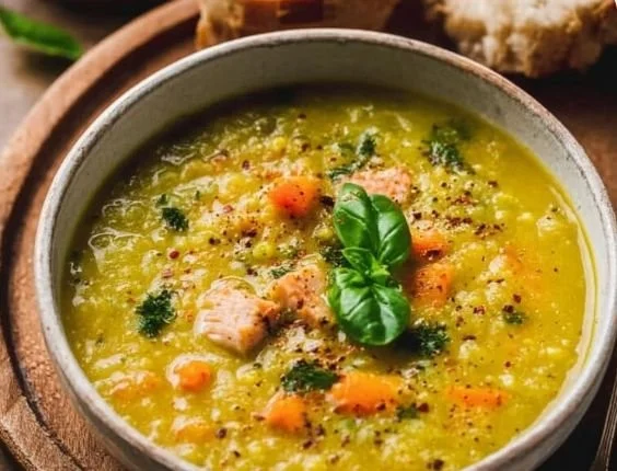 Bowl of classic split pea soup garnished with fresh herbs.