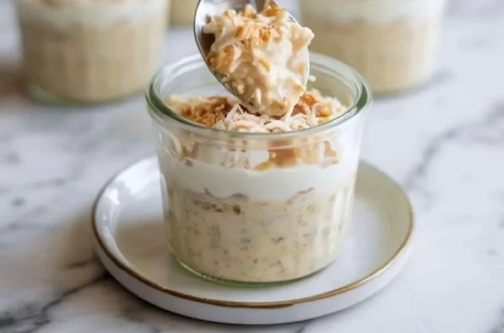 Delicious Coconut Cream Pie Overnight Oats in a jar with coconut flakes on top.