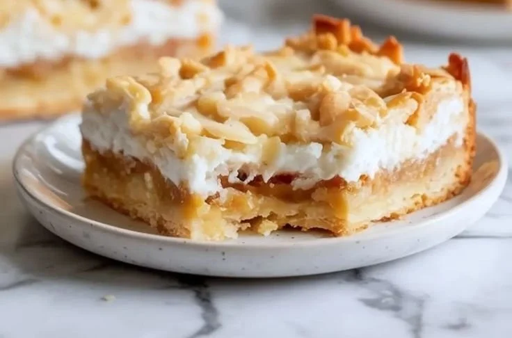 Delicious Coconut Dream Bars topped with coconut flakes on a white plate