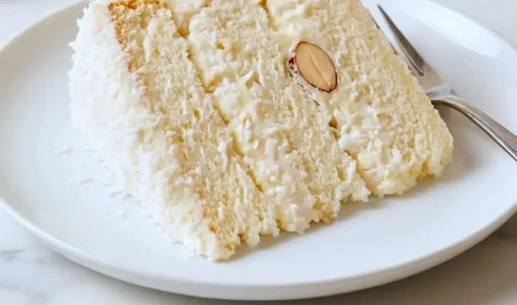 Slice of Coconut Raffaello Cake topped with coconut flakes and white chocolate