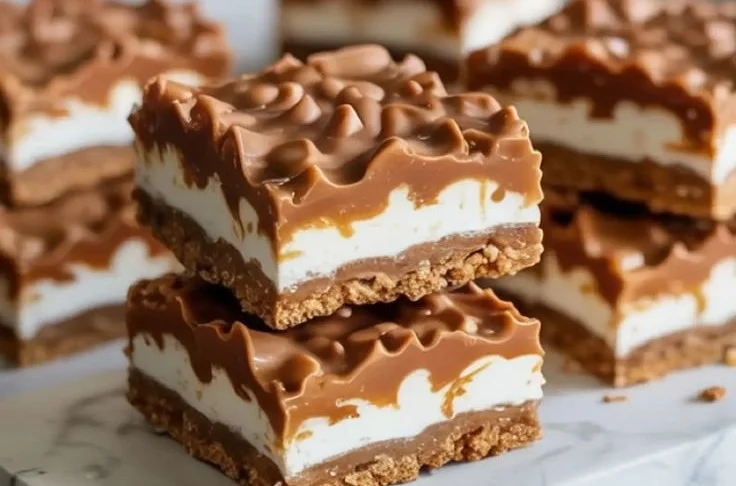 Homemade coconut toffee bars on a plate with coconut flakes