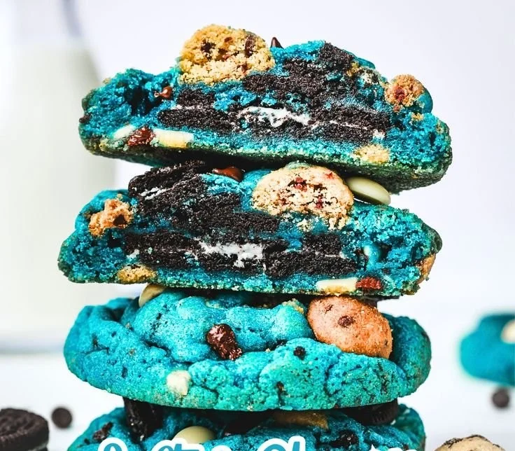 Delicious Cookie Monster Cookies with bright blue icing and chocolate chips