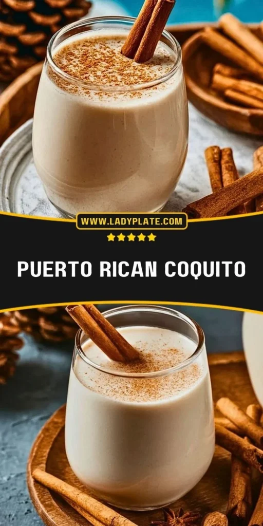 A glass of Coquito, a Puerto Rican coconut drink garnished with cinnamon.
