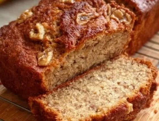 Sliced cottage cheese banana bread on a wooden board