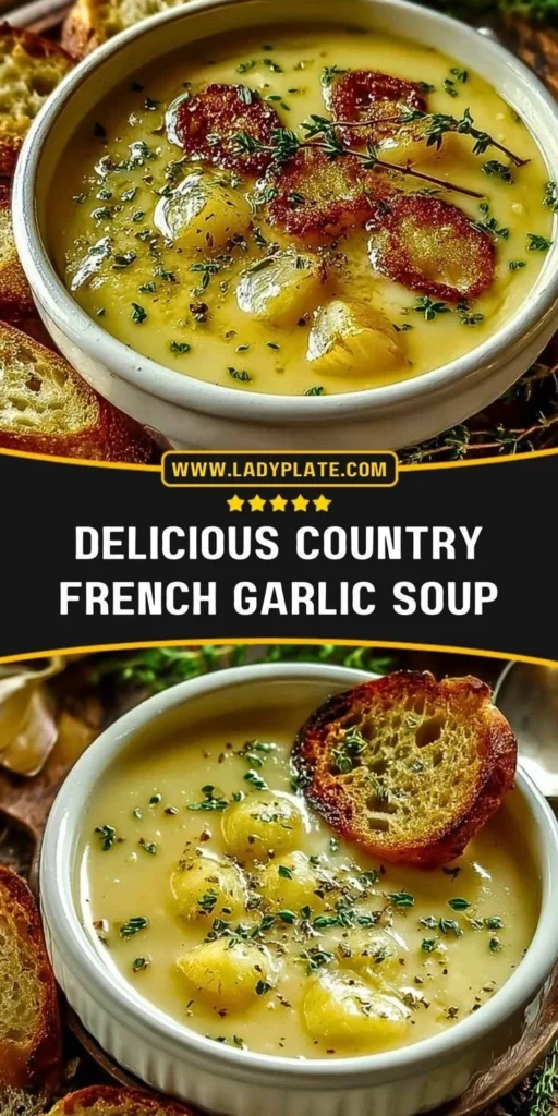 Bowl of Country French Garlic Soup garnished with herbs and croutons