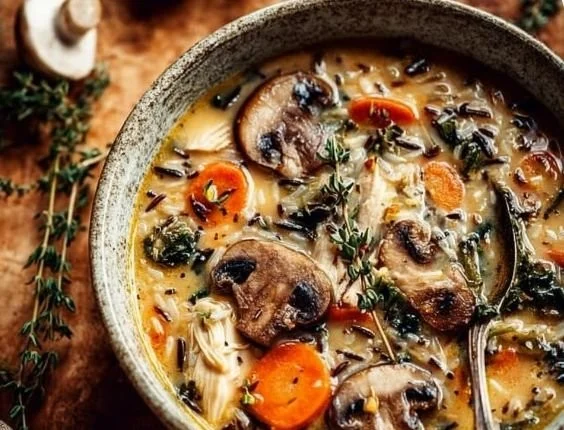 Bowl of Autumn Wild Rice Soup with Chicken and Mushrooms on a rustic table