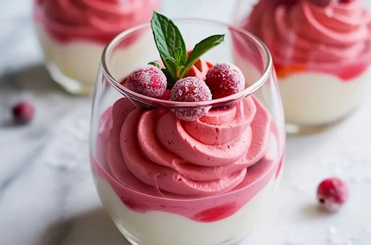 Delicious cranberry mousse cups topped with fresh cranberries and mint leaves.