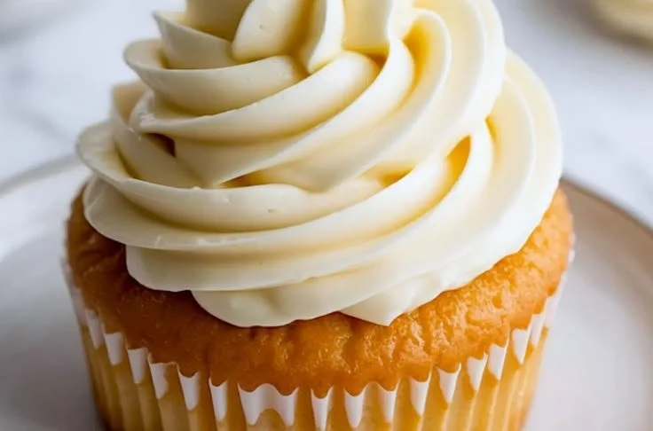 Cream cheese buttercream frosting spread on a chocolate cupcake