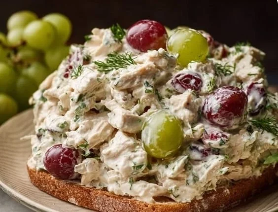 Creamy chicken salad with grapes served in a bowl.