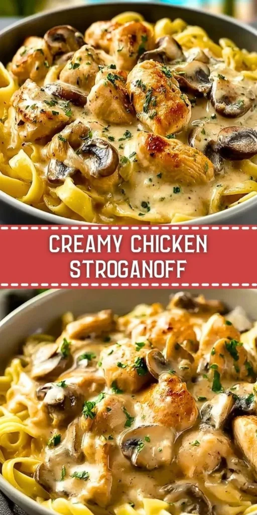 Delicious creamy chicken stroganoff served with pasta
