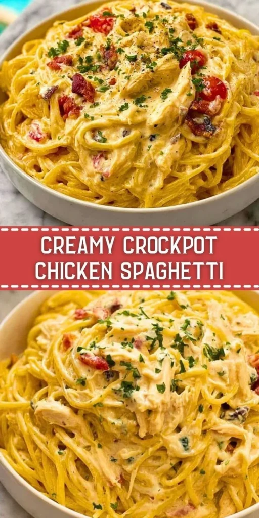 Creamy Crockpot Chicken Spaghetti in a bowl, garnished with herbs.