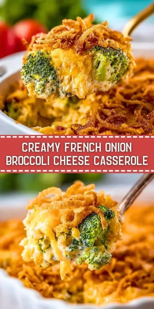 Creamy French onion broccoli cheese casserole served in a dish
