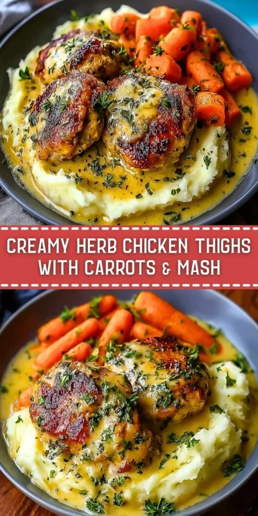 Creamy herb chicken thighs with carrots and mashed potatoes on a plate