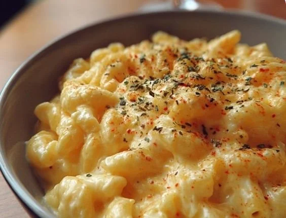 Creamy macaroni and cheese dish topped with breadcrumbs and herbs.