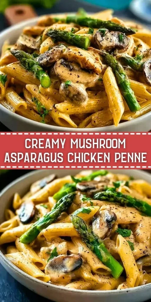 Creamy mushroom asparagus chicken penne dish served in a bowl