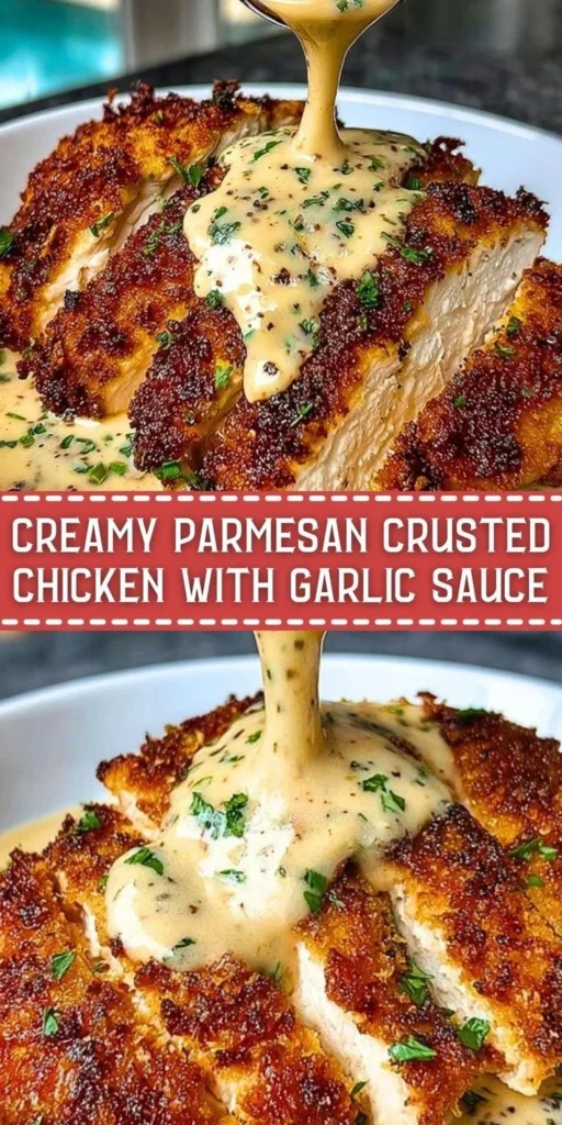 Creamy Parmesan crusted chicken topped with garlic sauce on a plate.