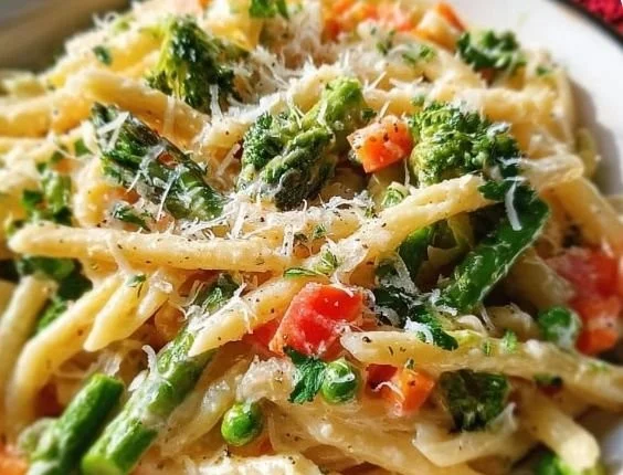 Creamy Parmesan pasta primavera topped with fresh vegetables