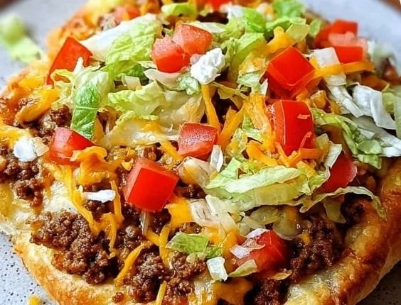 Crescent Roll Taco Pizza ready to serve, topped with cheese and fresh toppings.