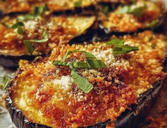 Crispy oven-baked eggplant slices seasoned and ready to serve.
