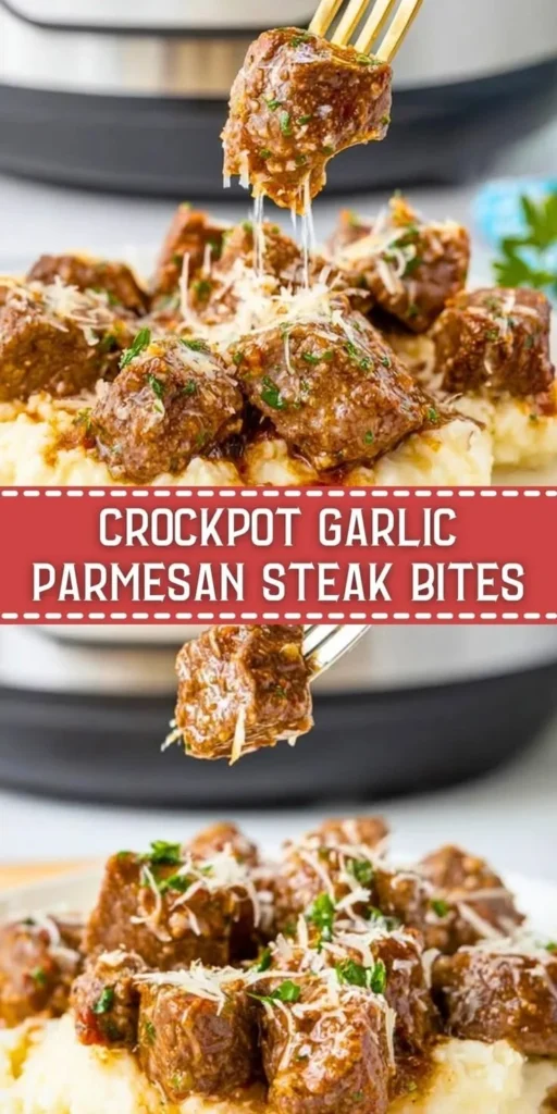 Crockpot Garlic Parmesan Steak Bites served in a bowl