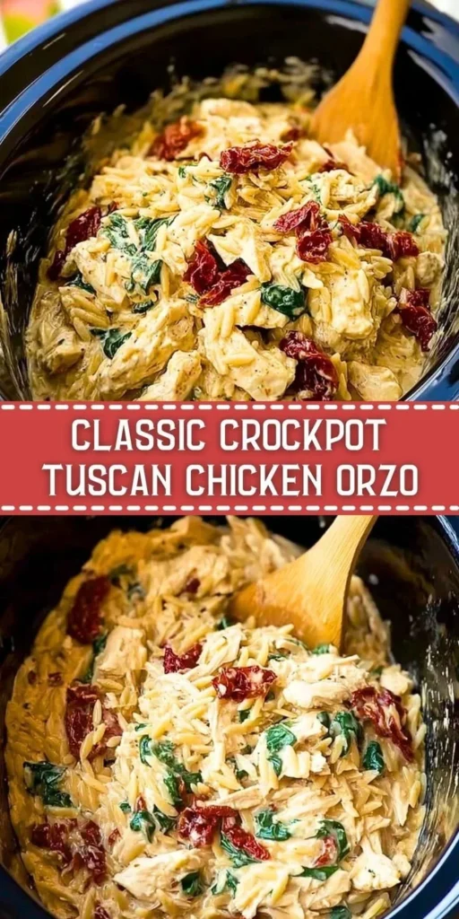 Crockpot Tuscan Chicken Orzo served in a bowl with fresh herbs.