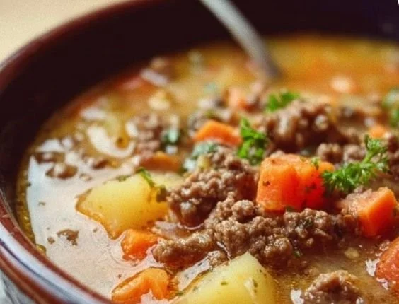Bowl of delicious hamburger soup with vegetables and herbs