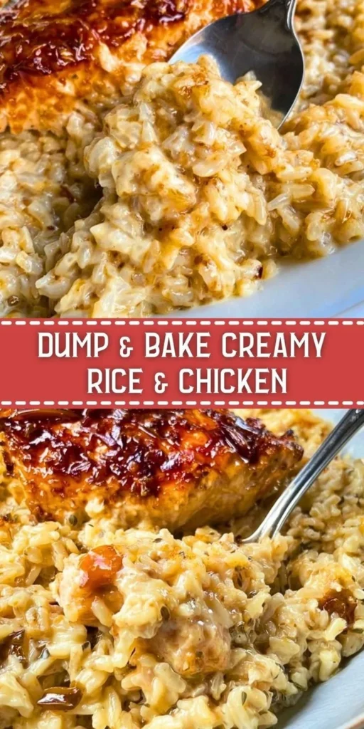 Dump & Bake Creamy Rice Chicken dish served in a bowl