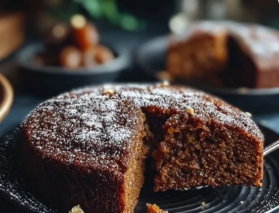 Delicious easy 4-ingredient date cake on a wooden table
