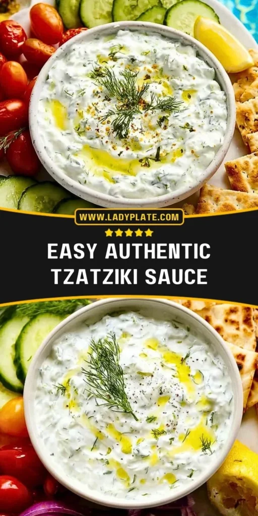 Easy authentic tzatziki sauce served in a bowl with fresh herbs and cucumbers