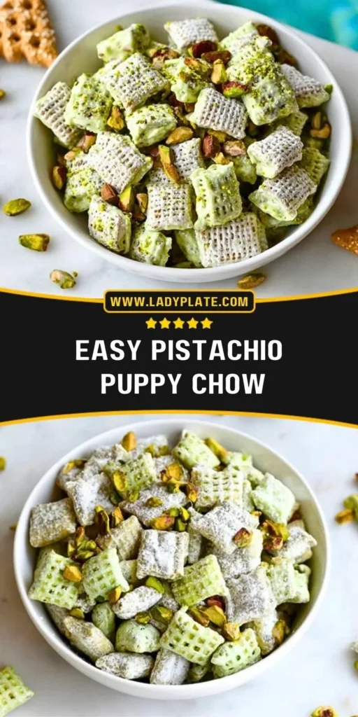 Bowl of easy pistachio puppy chow snack mix with green color and toppings