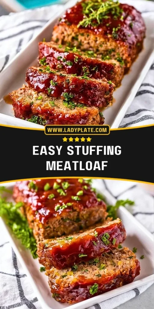 Delicious and easy stuffing meatloaf served on a dish with herbs