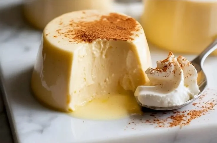 Delicious Eggnog Panna Cotta served in a festive glass, topped with nutmeg.