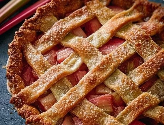 Freshly baked rhubarb pie on a wooden table, showcasing its flaky crust and vibrant filling.