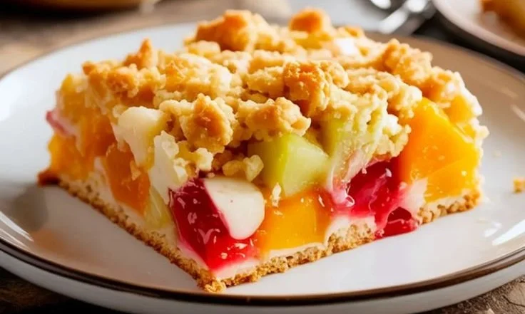 Delicious Fruit Cocktail Dump Cake topped with whipped cream and cherries.