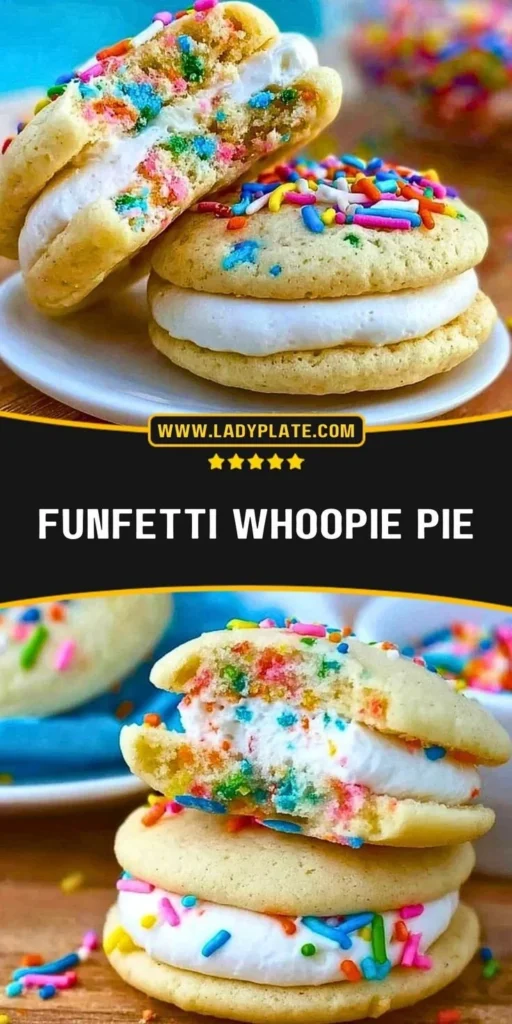 A plate of colorful Funfetti Whoopie Pies with sprinkles, showcasing festive desserts.
