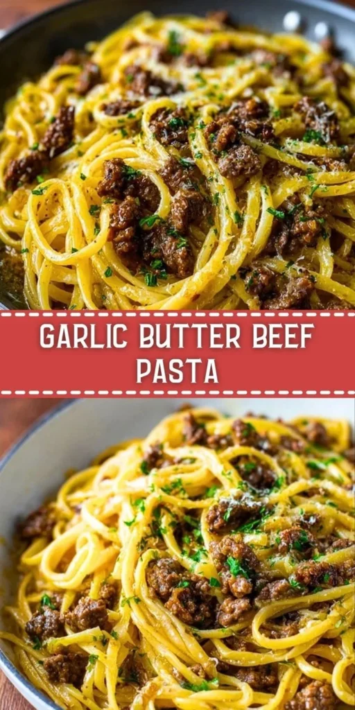 Plate of garlic butter beef pasta garnished with herbs and parmesan cheese