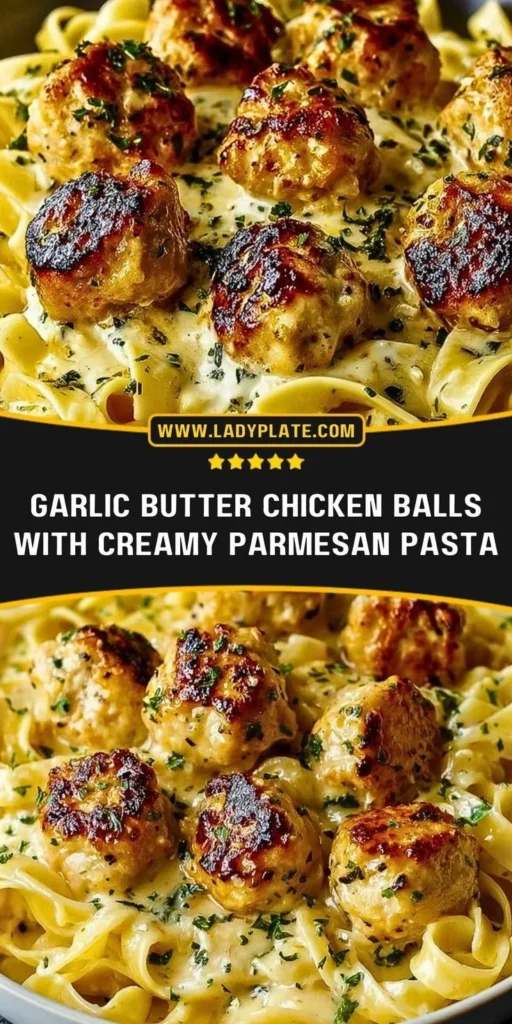 Garlic Butter Chicken Meatballs served with Parmesan Pasta in a bowl