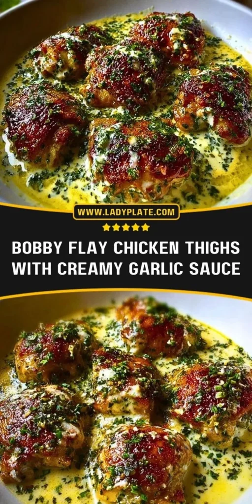 Creamy garlic chicken thighs served in a white dish with herbs