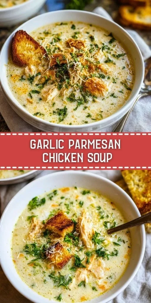 Bowl of Garlic Parmesan Chicken Soup garnished with herbs and cheese