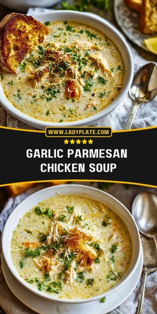 A bowl of creamy Garlic Parmesan Chicken Soup garnished with herbs.