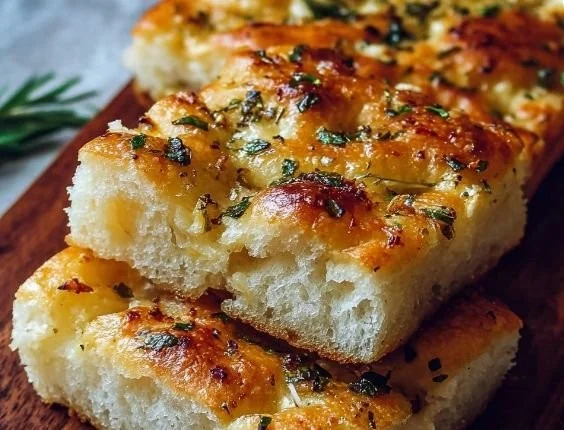 Freshly baked Garlic Parmesan Focaccia bread with herbs and garlic topping