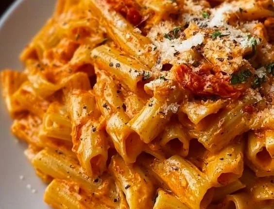 Bowl of Gigi Hadid's Spicy Pasta garnished with fresh herbs