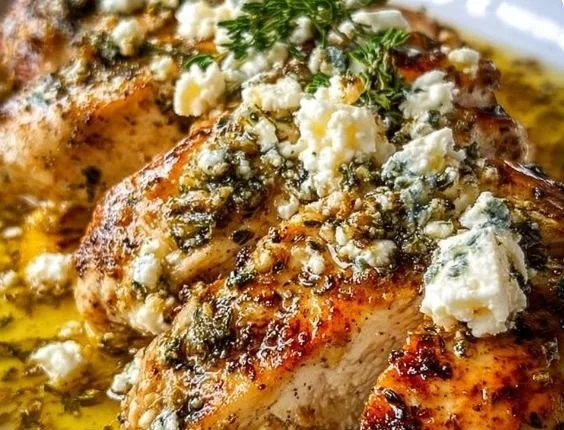Delicious Greek Lemon Chicken garnished with feta cheese and herbs